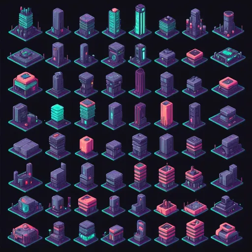 Prompt: cyberpunk buildings, pixel art, 16x16 
tileset