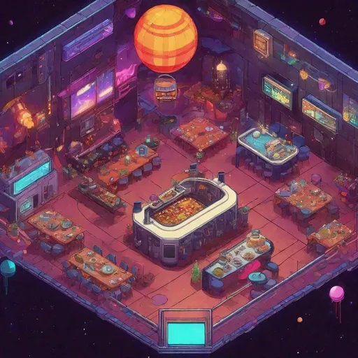 Prompt: Space cafeteria with a semi top-down view, vibrant pixel art, and retro-futuristic design, big event with a band show, cozy seating area, detailed space background, balloons, atmospheric lighting, high quality, retro-futuristic, digital art, cosmic atmosphere, futuristic interior design, semi top down view, 2D game style, cozy seating area, pixel art, vibrant color palette, detailed space background, band show, big event, atmospheric lighting