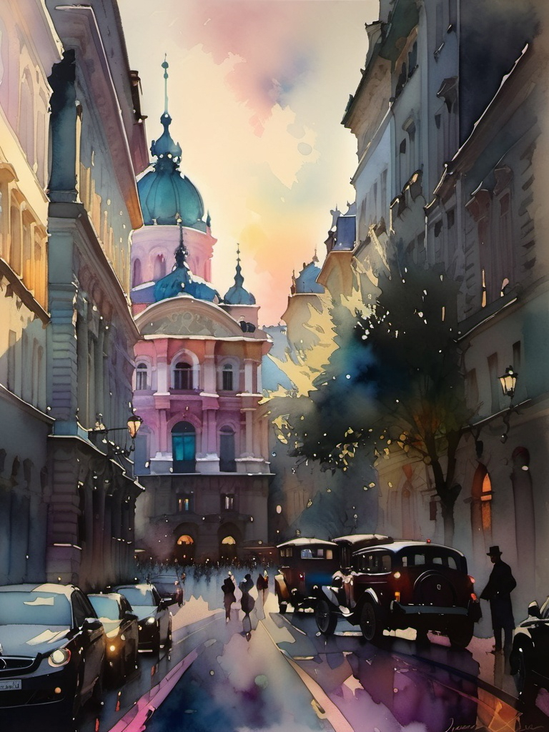 Prompt: watercolors，Smudging，shadow and light ,The academic style of painting,Joseph Zbukvic,recapitulative，high contrast，pastel colours ，original shape of the building， darker dark, colorful



