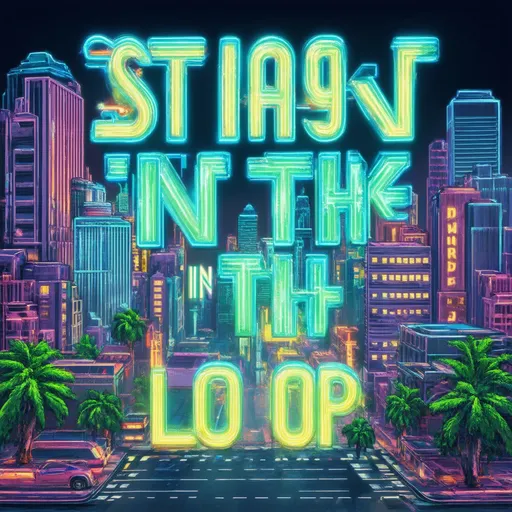 Prompt: A retro vaporwave-style cityscape with neon colors and the phrase 'Stay in the Loop.