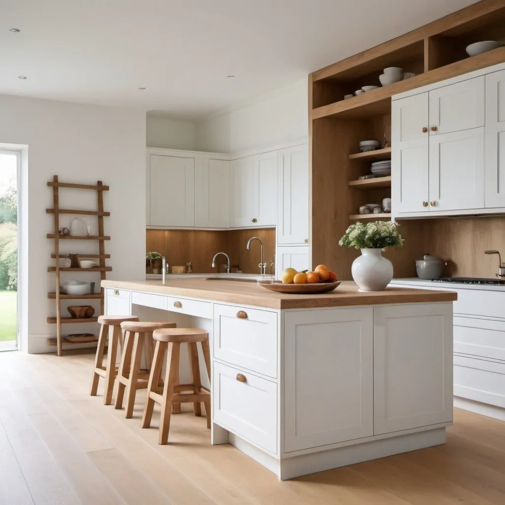 Prompt: create a modern english kitchen in white and wood