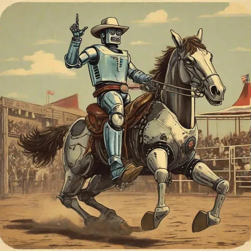 Prompt: Vintage Robot cowboy rodeo