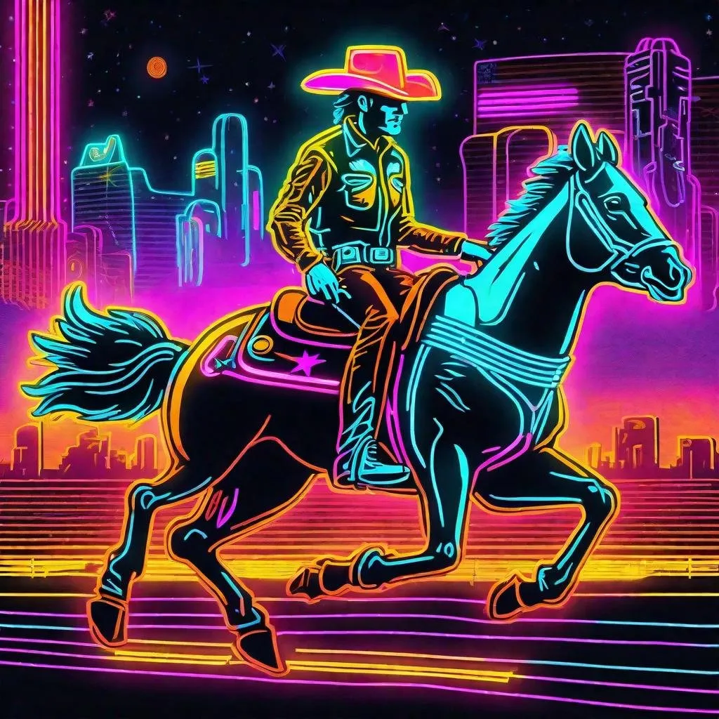 Prompt: A retro neon cowboy rodeo in the retro future 