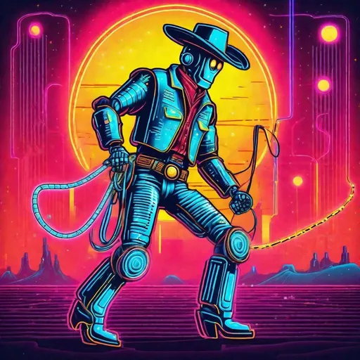 Prompt: A retro neon robot cowboy rodeo in the retro future  with a lasso 