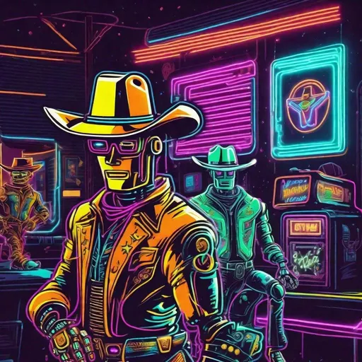 Prompt: A retro neon robot cowboy rodeo in the retro future 