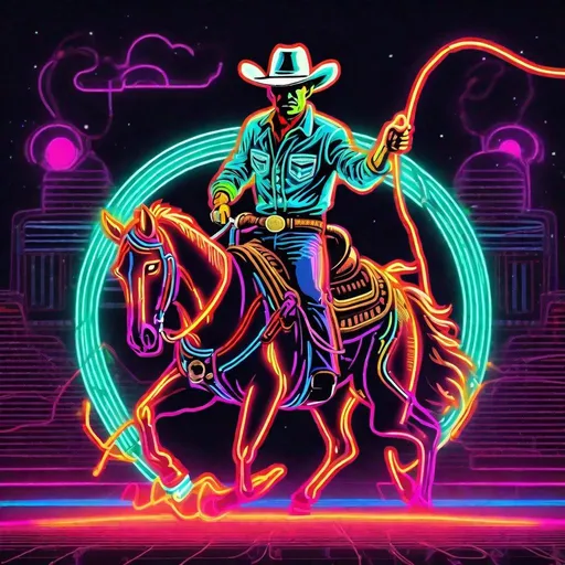 Prompt: A retro neon cowboy rodeo in the retro future  with a lasso 