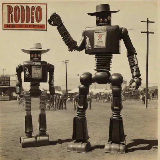 Prompt: A vintage rodeo Cowboy advertising robots for sale