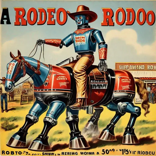 Prompt: A vintage rodeo Cowboy advertising robots for sale