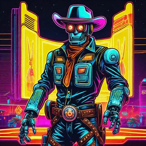 Prompt: A retro neon robot cowboy rodeo in the retro future 