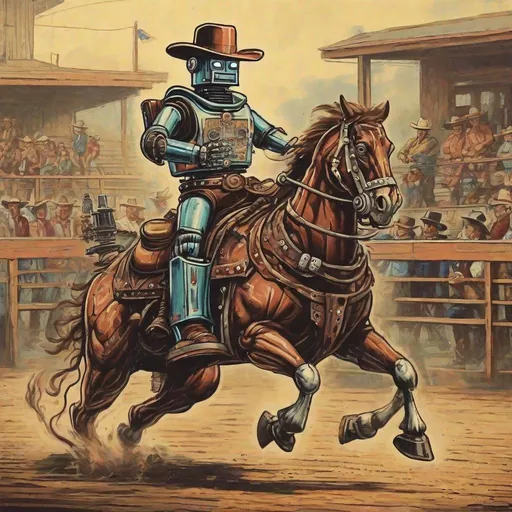 Prompt: Vintage Robot cowboy rodeo
