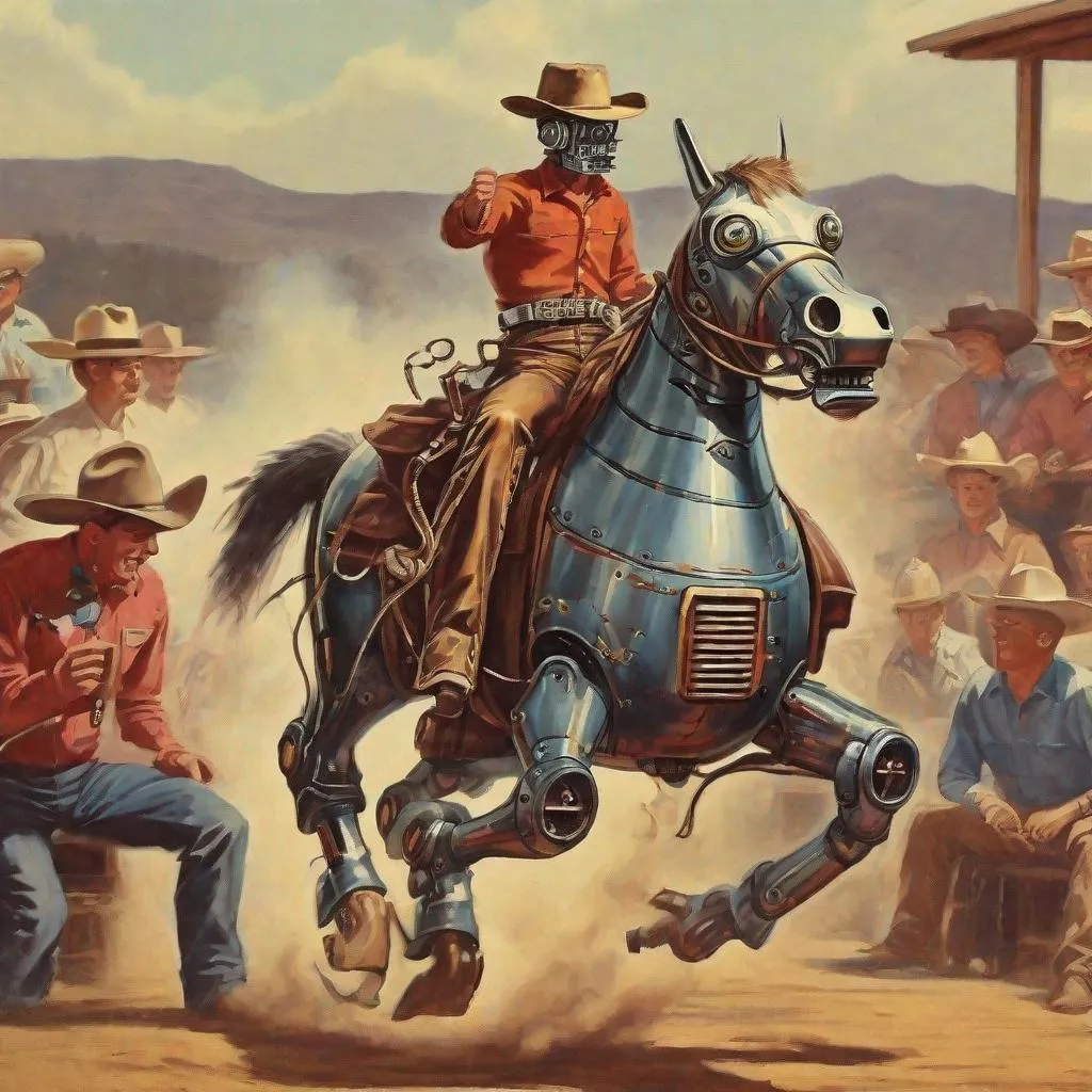 Prompt: Vintage Robot cowboy rodeo