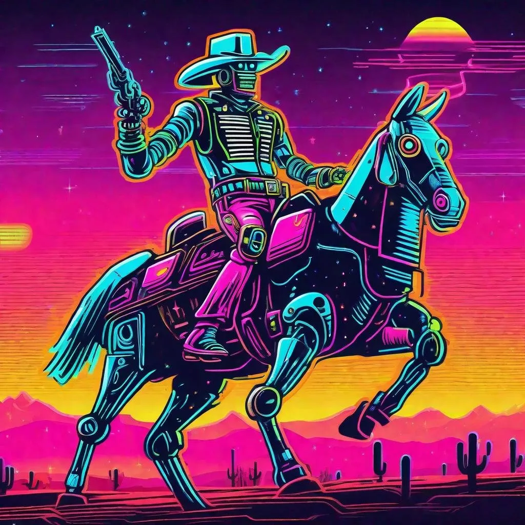 Prompt: A retro neon robot cowboy rodeo in the retro future 