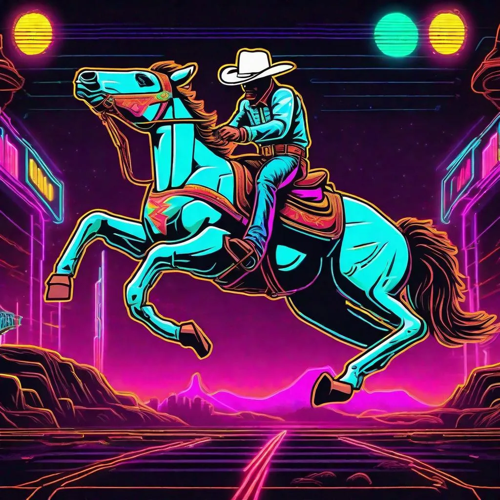 Prompt: A retro neon cowboy rodeo in the retro future 