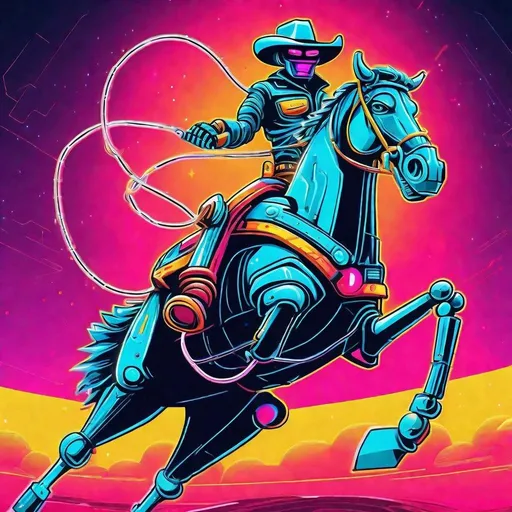 Prompt: A retro neon robot cowboy rodeo in the retro future  with a lasso 