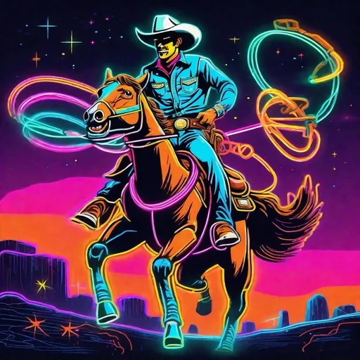 Prompt: A retro neon cowboy rodeo in the retro future  with a lasso 