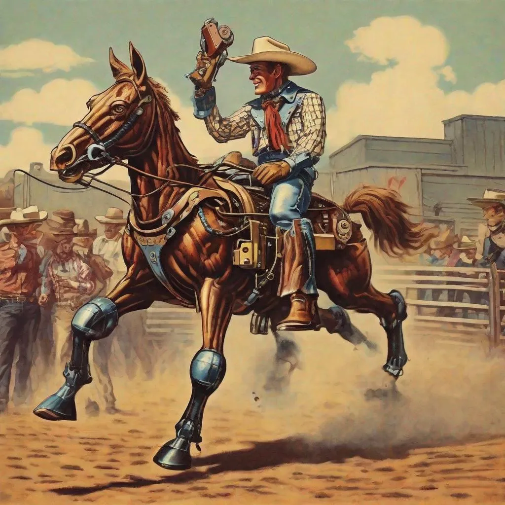 Prompt: Vintage Robot cowboy rodeo