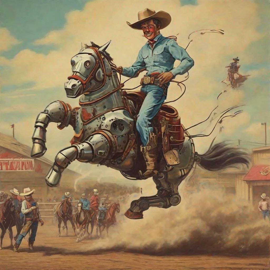 Prompt: Vintage Robot cowboy rodeo