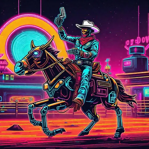 Prompt: A retro neon robot cowboy rodeo in the retro future 