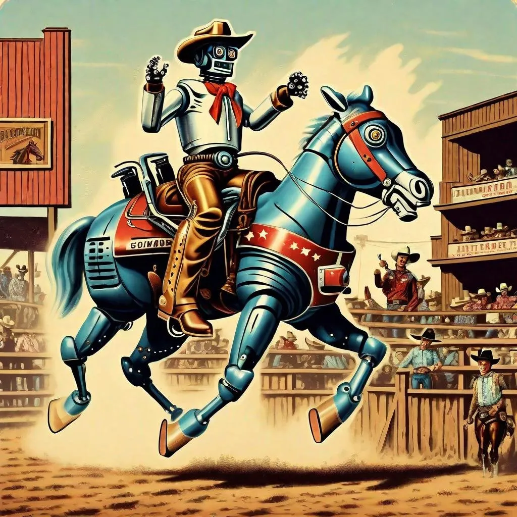 Prompt: Vintage Robot cowboy rodeo