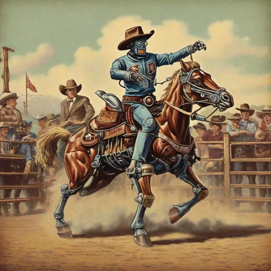 Prompt: Vintage Robot cowboy rodeo