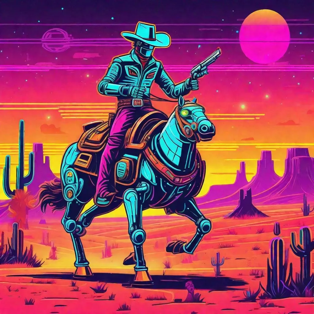 Prompt: A retro neon robot cowboy rodeo in the retro future 