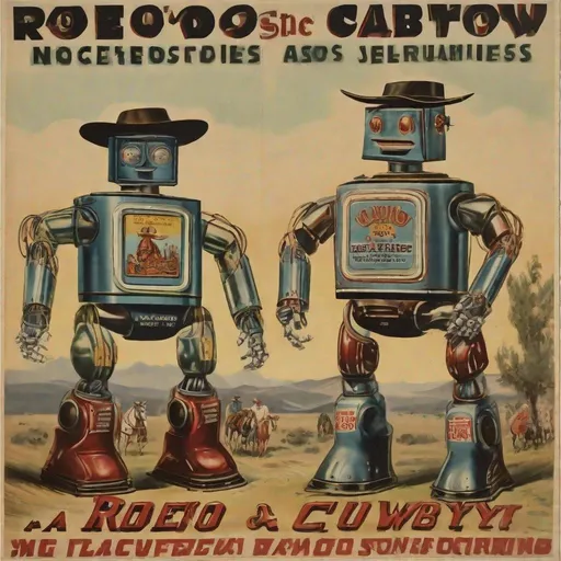 Prompt: A vintage rodeo Cowboy advertising robots for sale