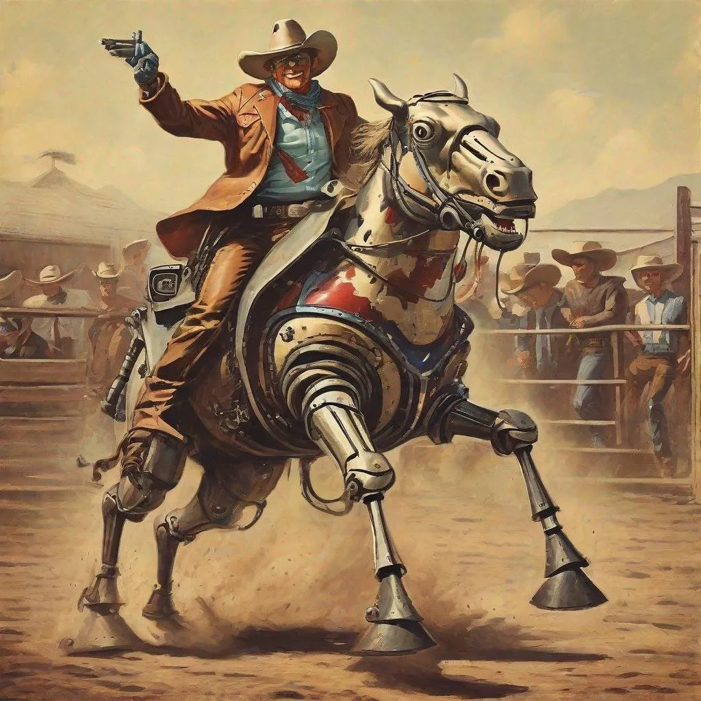 Prompt: Vintage Robot cowboy rodeo