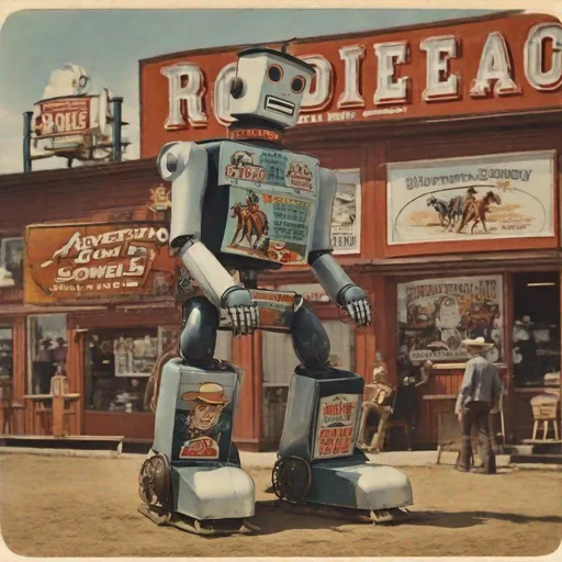 Prompt: A vintage rodeo Cowboy advertising robots for sale