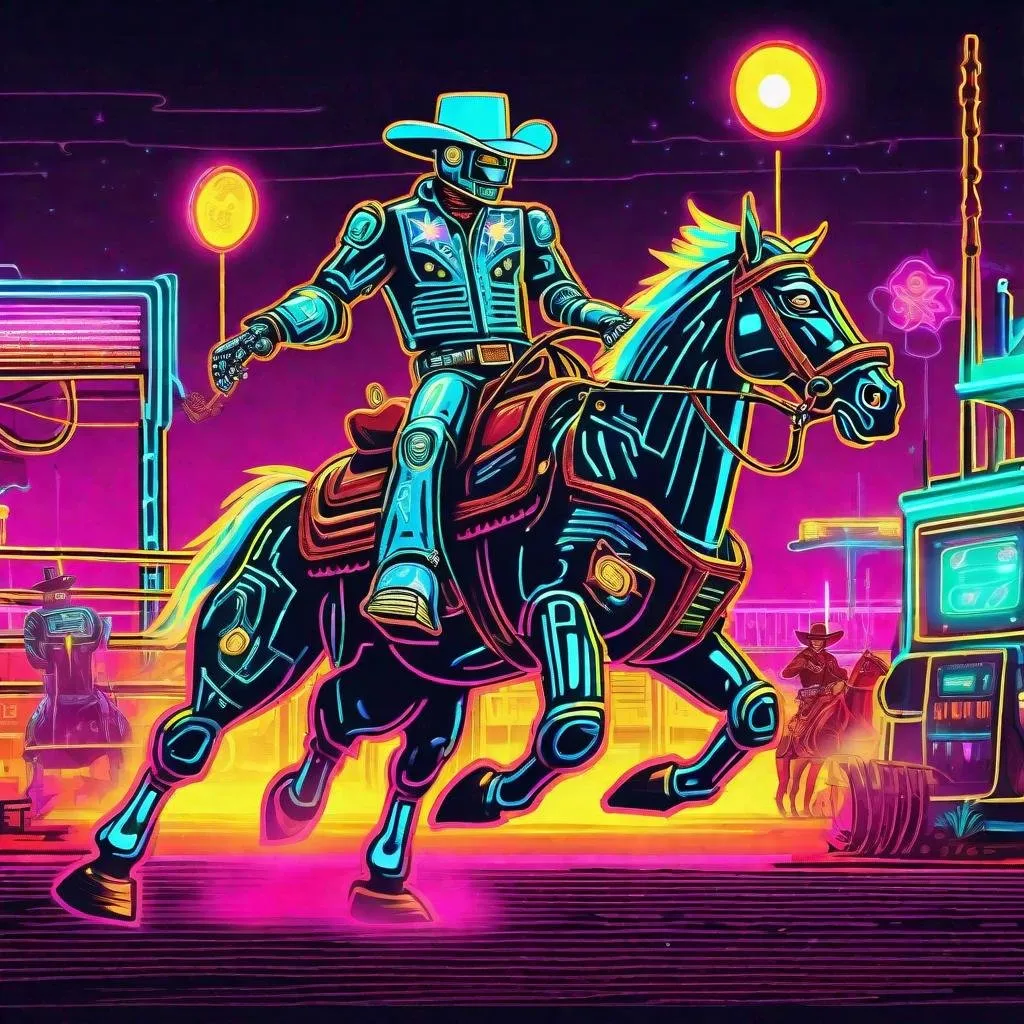 Prompt: A retro neon robot cowboy rodeo in the retro future 