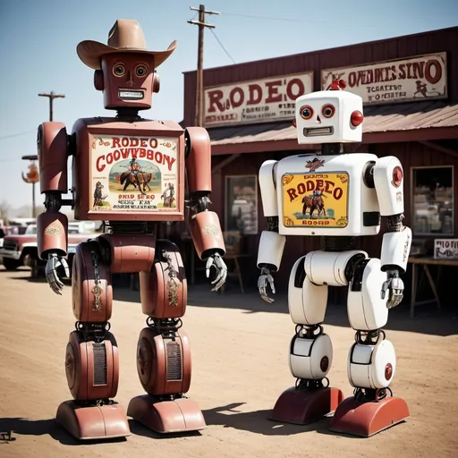 Prompt: A vintage rodeo Cowboy advertising robots for sale