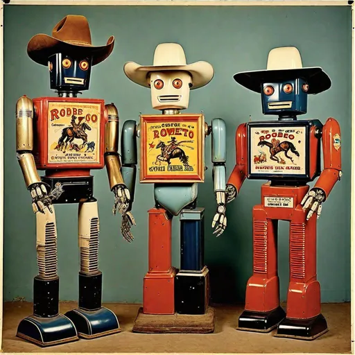 Prompt: A vintage rodeo Cowboy advertising robots for sale