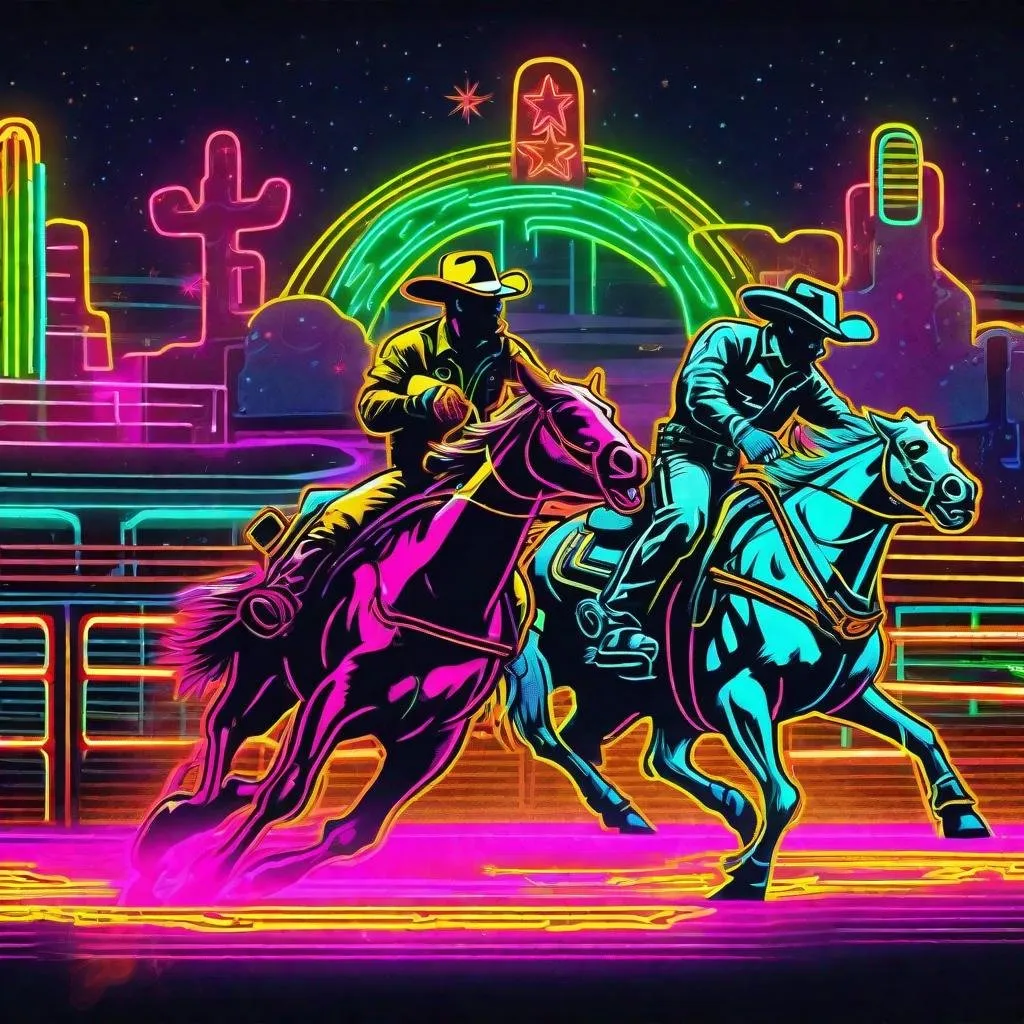 Prompt: A retro neon cowboy rodeo in the retro future 