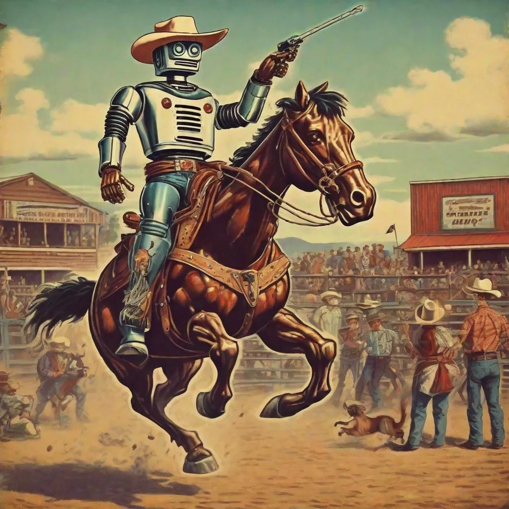 Prompt: Vintage Robot cowboy rodeo