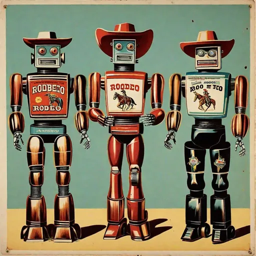 Prompt: A vintage rodeo Cowboy advertising robots for sale