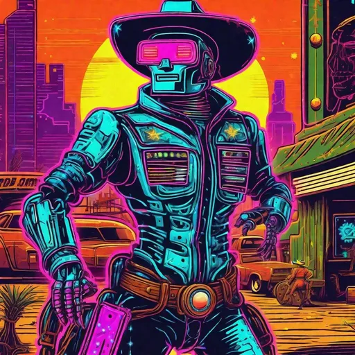 Prompt: A retro neon robot cowboy rodeo in the retro future 