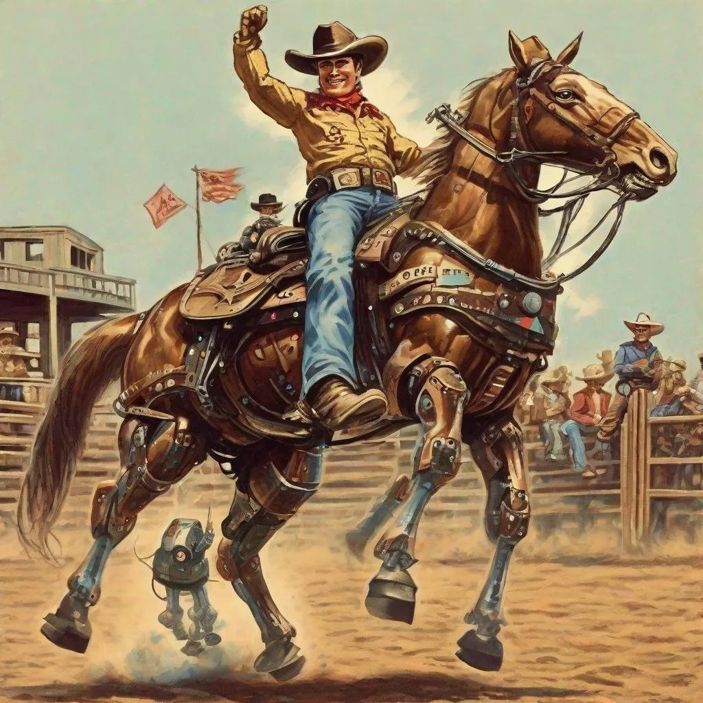 Prompt: Vintage Robot cowboy rodeo