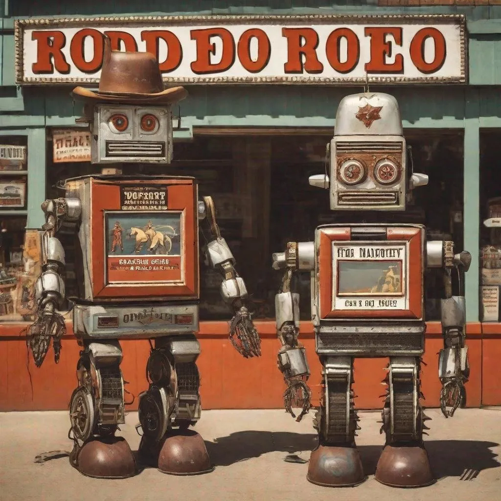 Prompt: A vintage rodeo Cowboy advertising robots for sale