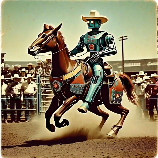 Prompt: Vintage Robot cowboy rodeo