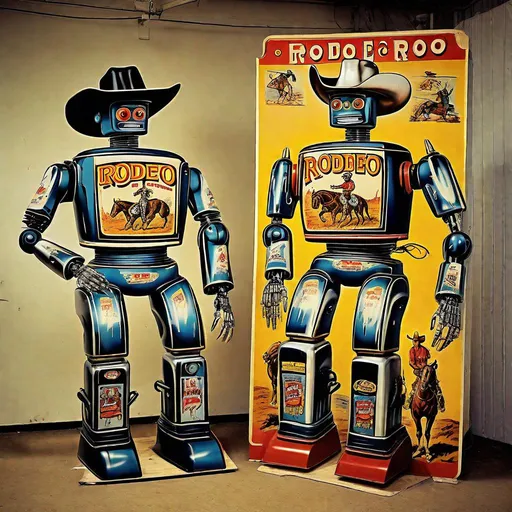 Prompt: A vintage rodeo Cowboy advertising robots for sale