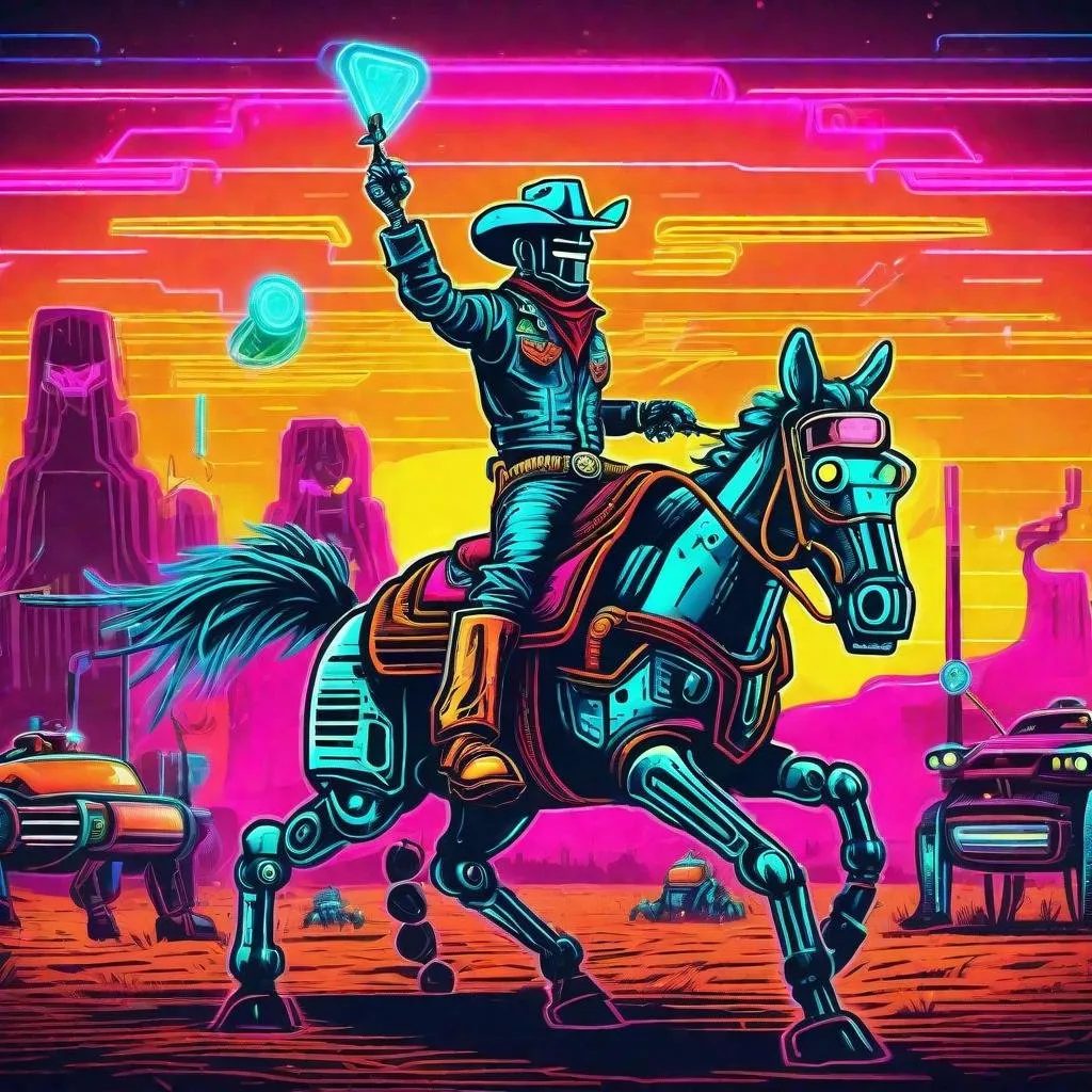 Prompt: A retro neon robot cowboy rodeo in the retro future 