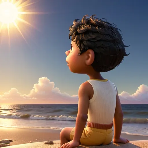 Prompt: Looking from the back at a little brown skin boy, with black hair and a skin tight hair cut sitting on a beach looking up at the sun in front of him and the sky is golden with slight white clouds. 