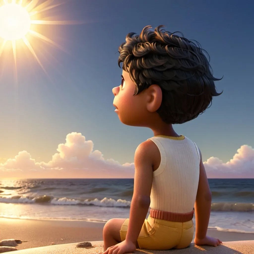 Prompt: Looking from the back at a little brown skin boy, with black hair and a skin tight hair cut sitting on a beach looking up at the sun in front of him and the sky is golden with slight white clouds. 