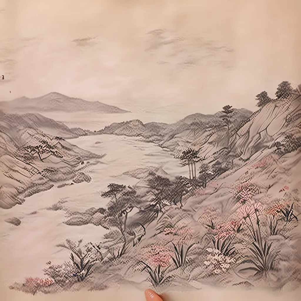 Prompt: pencil sketch <mymodel> flowers field, river, highly detailed