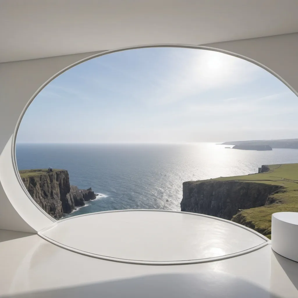 Prompt: Full view of a deep and spacious, glistening white circular room extending for  170 squared meters and more, sitting high atop of a cliff. The one large, oval frameless window on the north side of this room shows a view of the well below Land's end cliff and ocean 