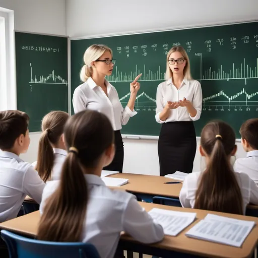 Prompt: teacher explaining about stock market in a class having 10 students in which 4 are female and showing  candle pattern