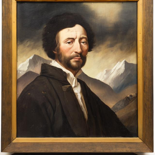 Prompt: A painted portrait of a man with mountains