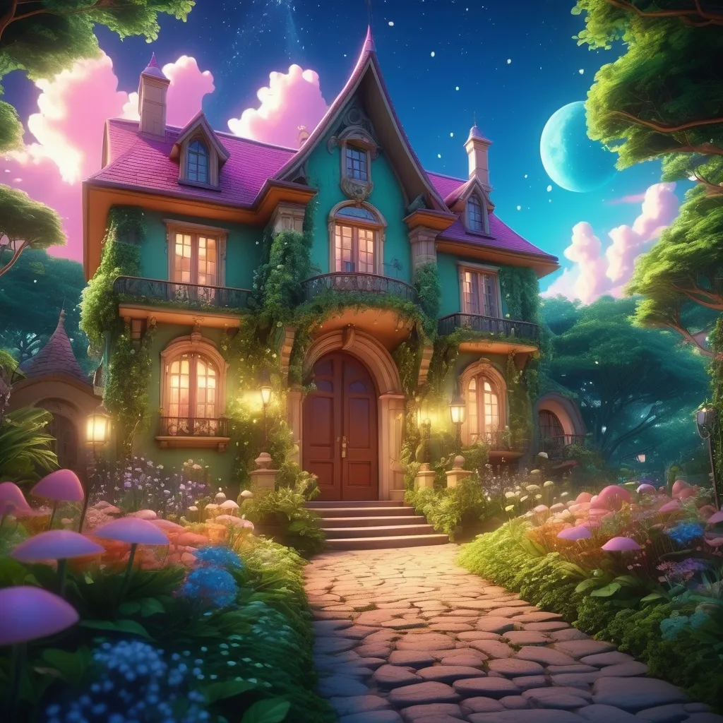 Prompt: (beautiful house), magical atmosphere, (anime style), whimsical details, intricate architecture, lush greenery surrounding, (bright colors), sparkling accents, enchanting lighting with soft glows, (4K ultra-detailed), dreamy ambiance, inviting path leading to the entrance, captivating sky with a hint of surreal elements.