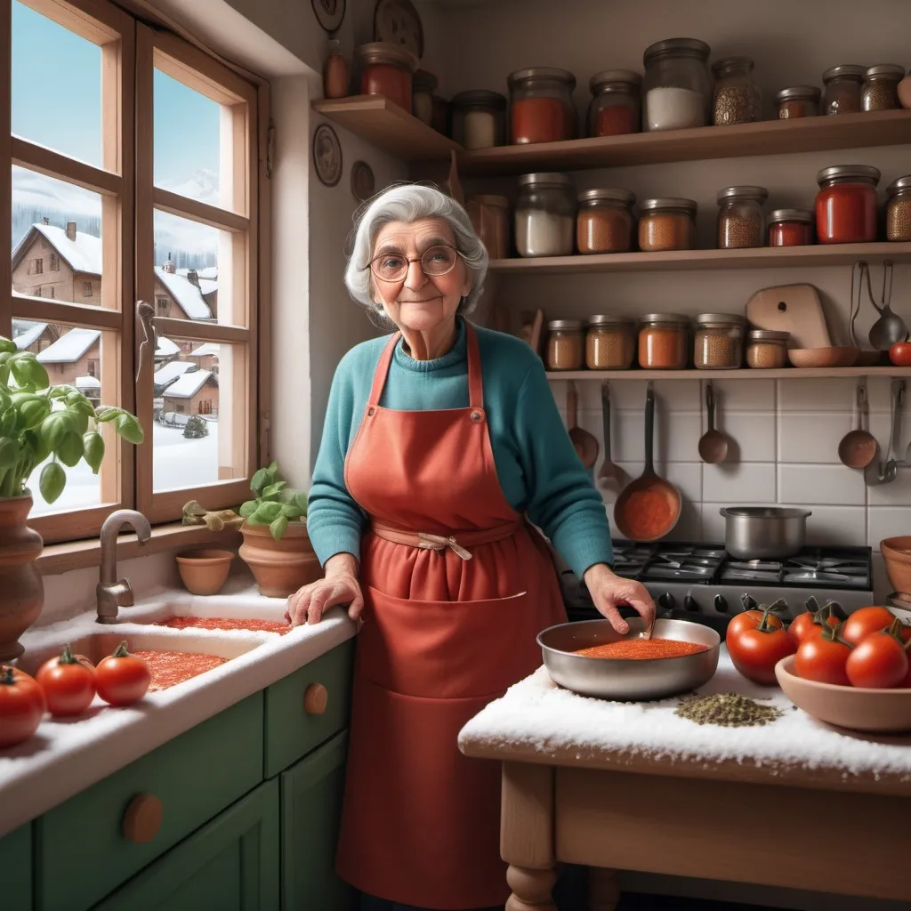 Prompt:  A warm kitchen with a cheerful Nonna Rosa, wearing a bright apron, stirring a big pot of tomato sauce on the stove. Sofia sits nearby on a stool with big, curious eyes. A window shows the snowy village outside, and the kitchen shelves are full of spices and garlic.
