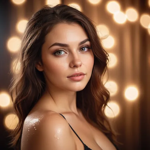 Prompt: High quality portrait of a stunning woman, soft bokeh background, curves, glistening wet skin, captivating gaze, professional photography, warm tones, soft lighting, bokeh, wet skin, stunning woman, high quality, professional, warm tones, captivating gaze, soft bokeh background
