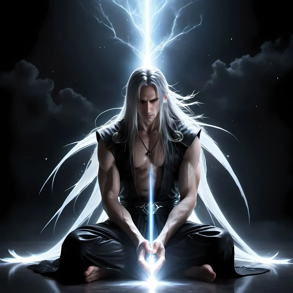 Prompt: hyper-realistic backdrop of sephiroth meditating having a spiritual awakening and choosing the option of either the light or dark in his vision